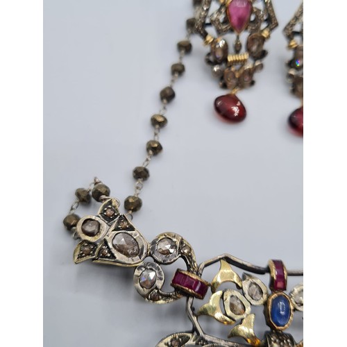 534 - (WITHDRAWN) Antique gold and silver necklace and earrings, encrusted with diamonds and top quality r... 