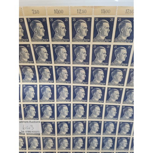 643 - A Sheet of 100 Hitler Deutschesrech Stamps with 25RM Value