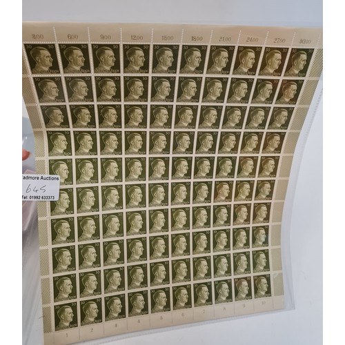 645 - A Sheet of 100 Hitler Deutschesrech Stamps with 30RM Value