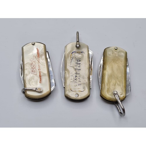 278 - 3x Mother of Pearl handled promotional pen knifes, All are twin bladed, Good Condition, 4.5cm Approx... 
