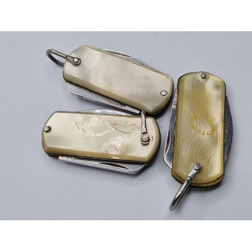 278 - 3x Mother of Pearl handled promotional pen knifes, All are twin bladed, Good Condition, 4.5cm Approx... 