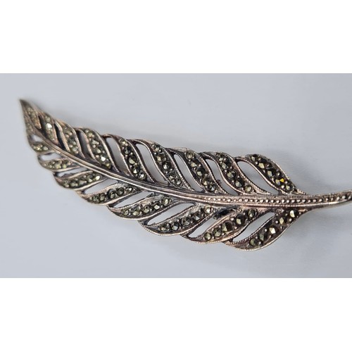 248 - Vintage Silver Marcasite Brooch in the form of a Leaf or Feather, 6.5cm
