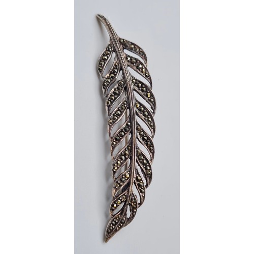 248 - Vintage Silver Marcasite Brooch in the form of a Leaf or Feather, 6.5cm