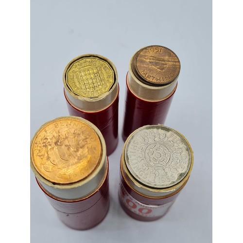 300 - A selection of British coins in tubes to include 50 farthings, 25 three penny bits, 50 florins and 5... 