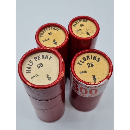 300 - A selection of British coins in tubes to include 50 farthings, 25 three penny bits, 50 florins and 5... 