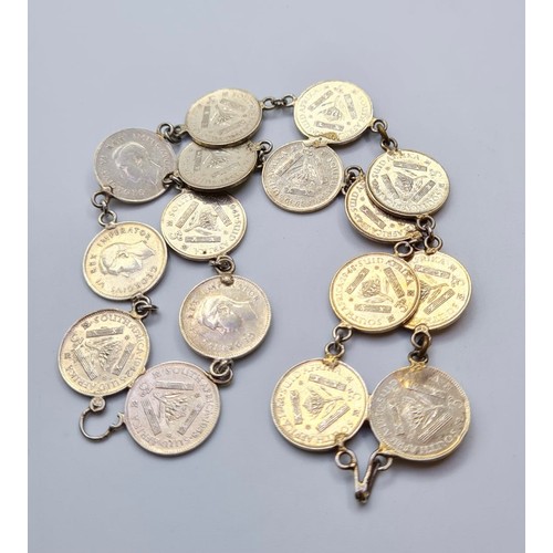 293 - Vintage silver coin bracelet, having twin rows of South African 3 coins dated 1930’s & 1940’s. 16 co... 
