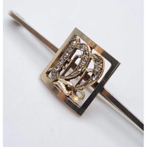 168 - 9ct gold bar brooch with 18ct gold and diamond initial M, weight 3.3g and 5cm long approx