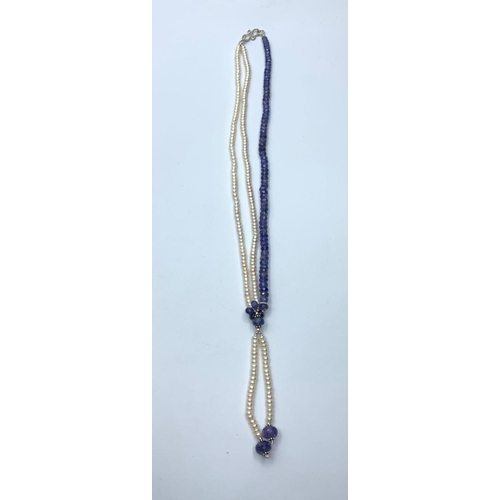 107 - lariat Style Tanzanite & Freshwater Pearl Necklace