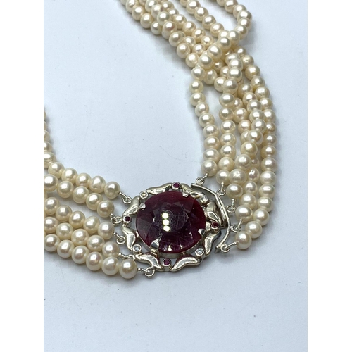 161 - 823cts Five Row Freshwater Pearls Necklace With Ruby Clasp