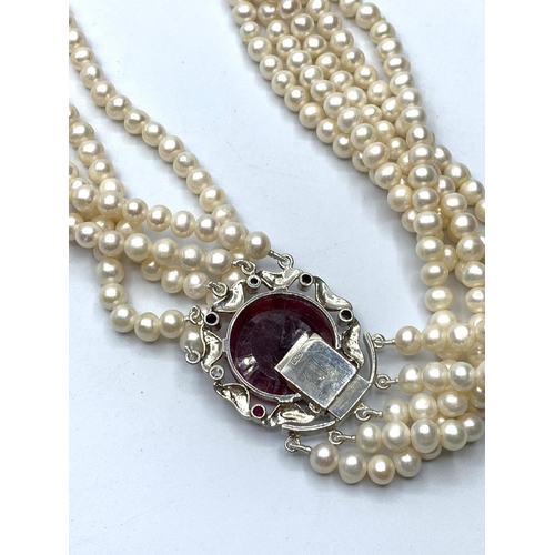 161 - 823cts Five Row Freshwater Pearls Necklace With Ruby Clasp