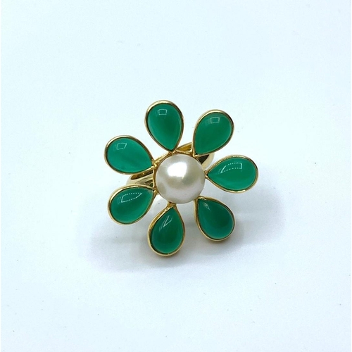 188 - Green Onyx and Freshwater Pearl Flower Ring in Sterling silver with Yellow Gold Finish