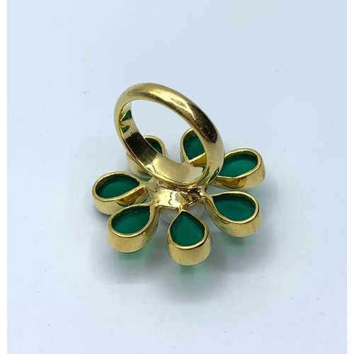 188 - Green Onyx and Freshwater Pearl Flower Ring in Sterling silver with Yellow Gold Finish