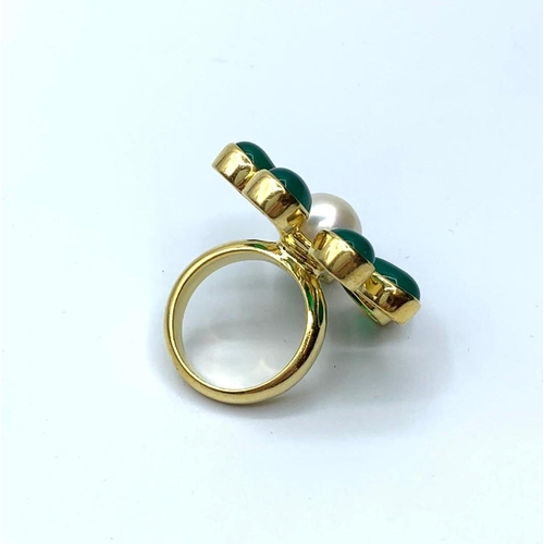 188 - Green Onyx and Freshwater Pearl Flower Ring in Sterling silver with Yellow Gold Finish