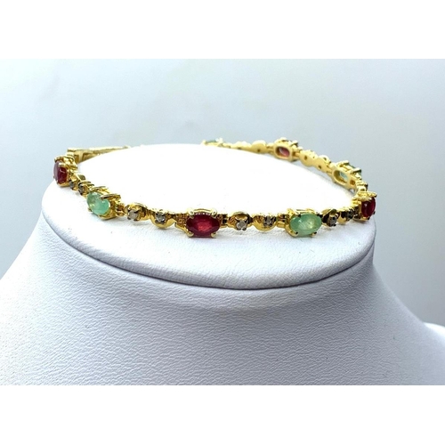 228 - Emerald  and Ruby  Tennis Bracelet with Rose Cut Diamonds in 925 silver with yellow gold plating