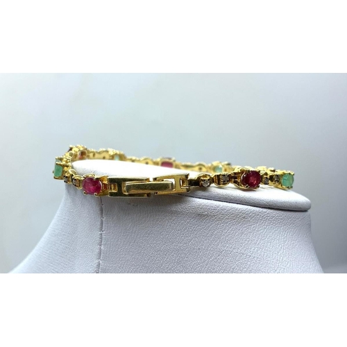 228 - Emerald  and Ruby  Tennis Bracelet with Rose Cut Diamonds in 925 silver with yellow gold plating