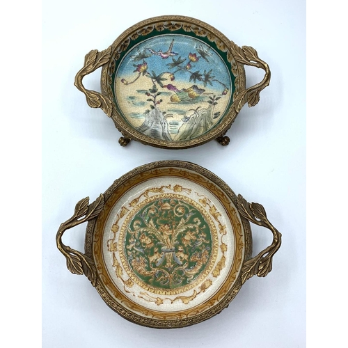 12 - Two Chinese export crackle porcelain dishes with bronze rims with naturalistic handles and feet.  Ex... 