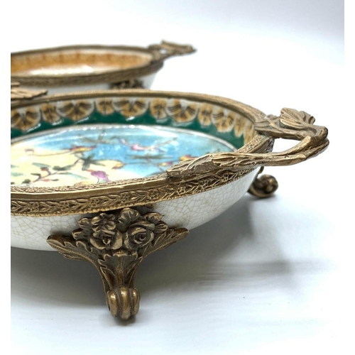 12 - Two Chinese export crackle porcelain dishes with bronze rims with naturalistic handles and feet.  Ex... 