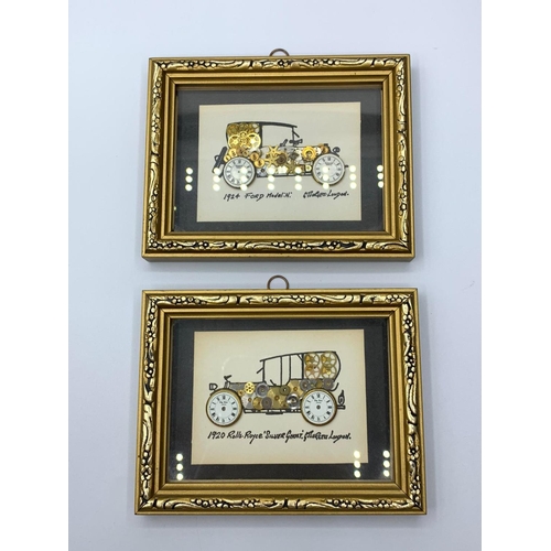 85 - A vintage, framed, miniature pair of early 20th century automobiles, made with watch parts. Initiall... 