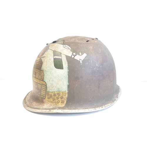 19 - WW2 Normandy Battlefield found Relic US M1 Helmet with post war memorial painting