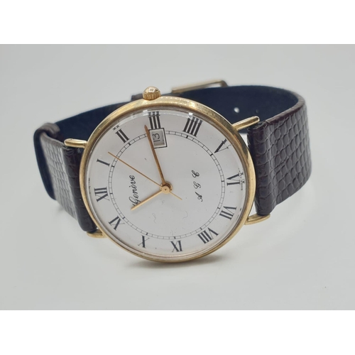 10 - Geneve 9ct Gold Gents Watch with White Face and Roman Numerals. F.W.O