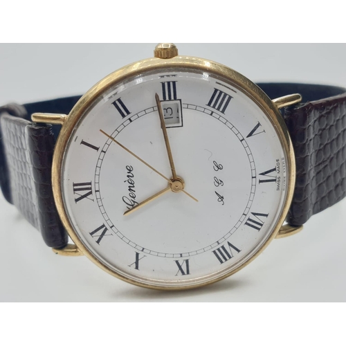 10 - Geneve 9ct Gold Gents Watch with White Face and Roman Numerals. F.W.O