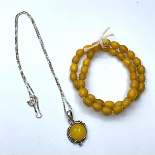 398 - Silver amber necklace & amber beads