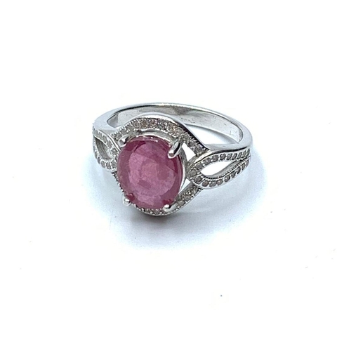 422 - 925 Sterling Silver Large Ruby and White Stone Ring, Size P.