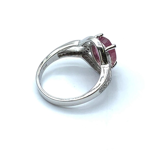 422 - 925 Sterling Silver Large Ruby and White Stone Ring, Size P.