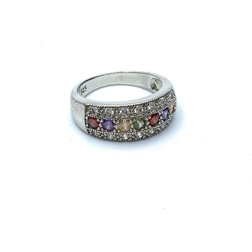 451 - Sterling Silver Ring, Size T, Set with Semi Precious Stones Citrine, Peridot, Amethyst etc.