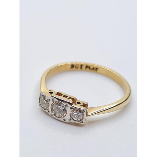 509 - Vintage 9ct gold ring with a trilogy of diamonds set in platinum, weight 193g, size P/Q