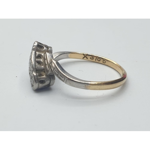 542 - Antique 18ct gold and platinum diamond set ring in Victorian crossover style. Having  a square set d... 