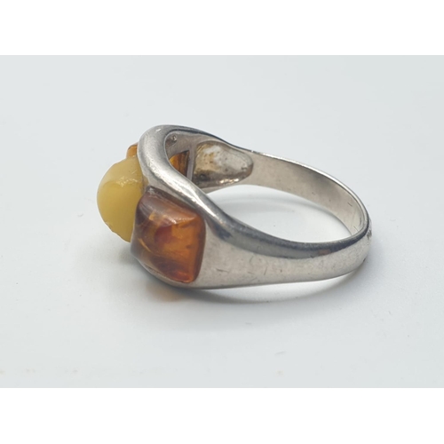 552 - Silver & 2 Coloured of Amber Ring, 4.3g, Size Q.