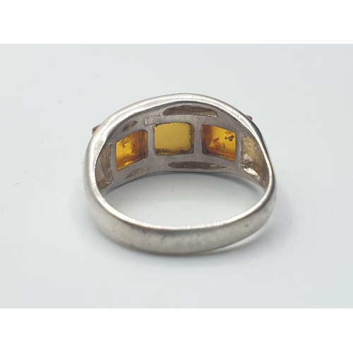 552 - Silver & 2 Coloured of Amber Ring, 4.3g, Size Q.