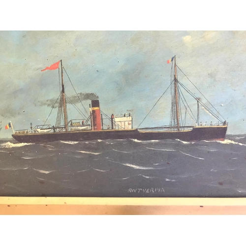 324 - Naive Folk Art Marine Painting of the Steamship. Antverpia, Frame 47cm x 31.5cm.