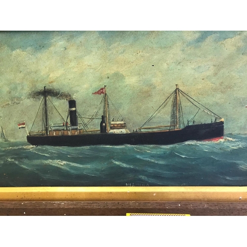 332 - Naive Folk Art Marine Painting of the Steamship 'Hermina', Frame 41.5cm x 24cm.