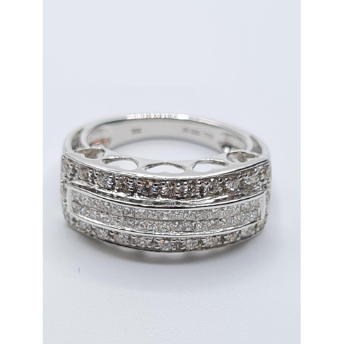 18 - 18ct white gold diamond set 3 row band ring, weight 6.5g and  0.65ct diamonds, size K