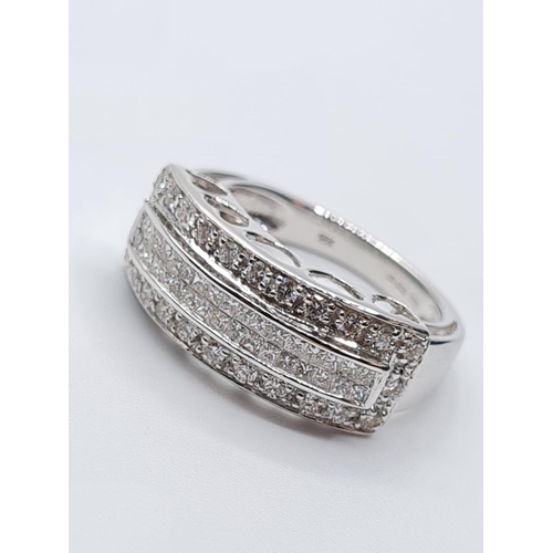 18 - 18ct white gold diamond set 3 row band ring, weight 6.5g and  0.65ct diamonds, size K