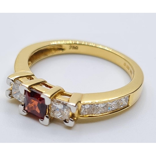 2 - 18ct yellow gold diamond and red stone ring 3.6ct approx and 0.45ct diamond weight 3.8g and size N