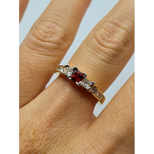 2 - 18ct yellow gold diamond and red stone ring 3.6ct approx and 0.45ct diamond weight 3.8g and size N