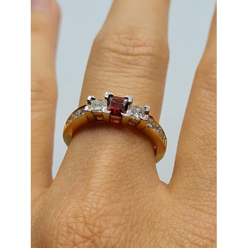 2 - 18ct yellow gold diamond and red stone ring 3.6ct approx and 0.45ct diamond weight 3.8g and size N