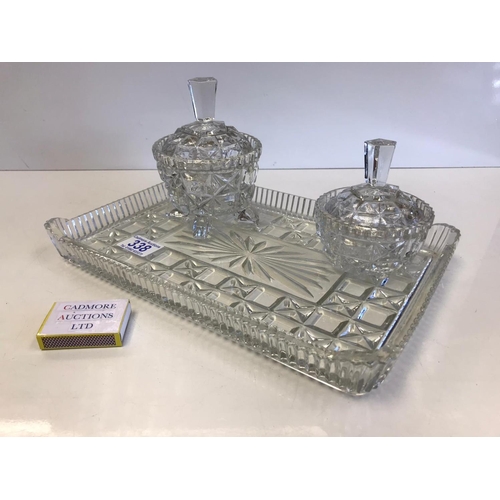 338 - Cut Glass Dessing Table Set, Circa 1920, With 2 Lidded Jars and Glass Tray.