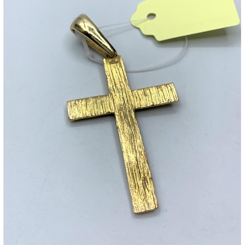 124 - 9ct Gold Cross Pendant, 11.2g, 5cm Drop.