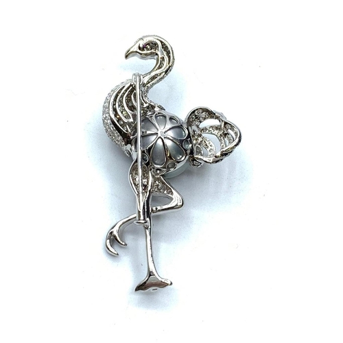 46 - 18ct white gold Flamingo diamond brooch with south sea pearl body, 15.6g weight, 5.5cm long