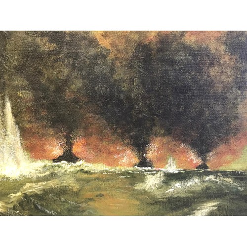 111 - Oil on canvas depicting the battle of Jutland, 31st May-1st June 1916. Nice old painting in frame. U... 