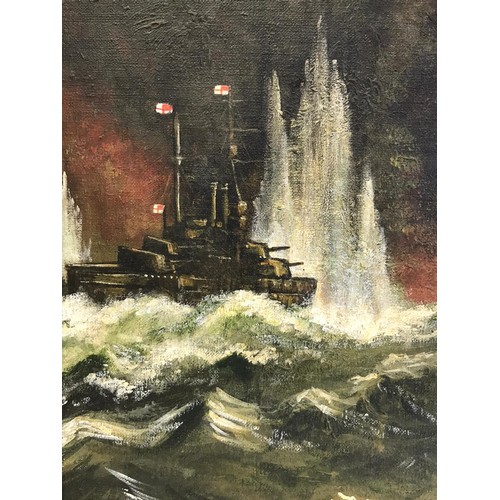 111 - Oil on canvas depicting the battle of Jutland, 31st May-1st June 1916. Nice old painting in frame. U... 