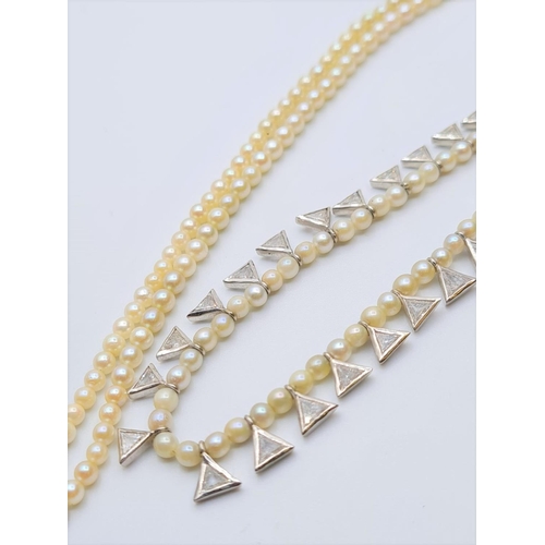 574 - String of small delicate pearls decorated with 38 triangular diamonds set in 14ct gold 11.4g, 28cms ... 