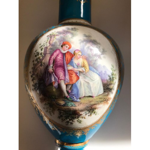 595 - A Vienna style late 19th century vase depicting a courting  scene and a allegory of the arts and sci... 