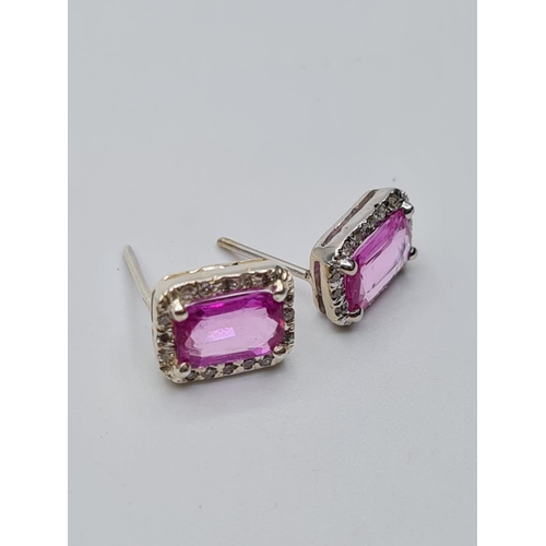 599 - Pink Sapphire & Diamond 14ct Gold Earrings, 3g.