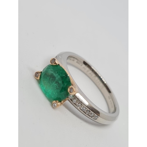 173 - Platinum Ring, Large Emerald Centre Stone with Diamond Shoulders, 7.4g, Size M