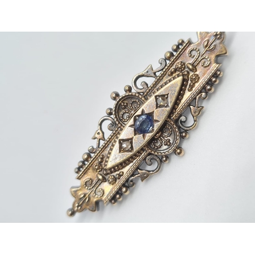 227 - Victorian Bar Brooch 15ct Gold with Sapphires and Diamonds, 4g